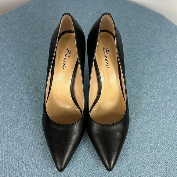 Bacia Black Leather Pointed Toe Classic High Stiletto Pumps Size 38 - Picture 3 of 9